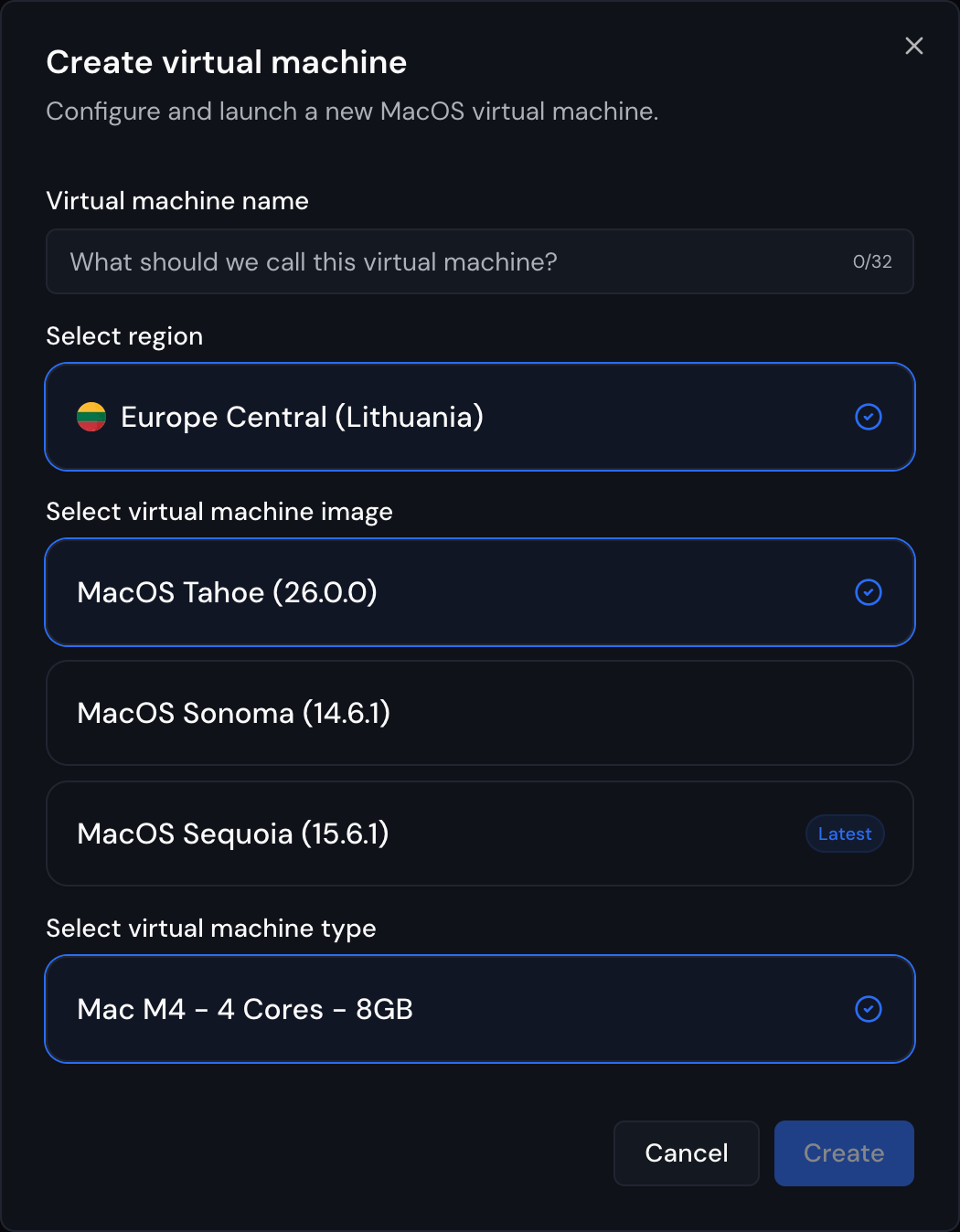 Create VM Dialog