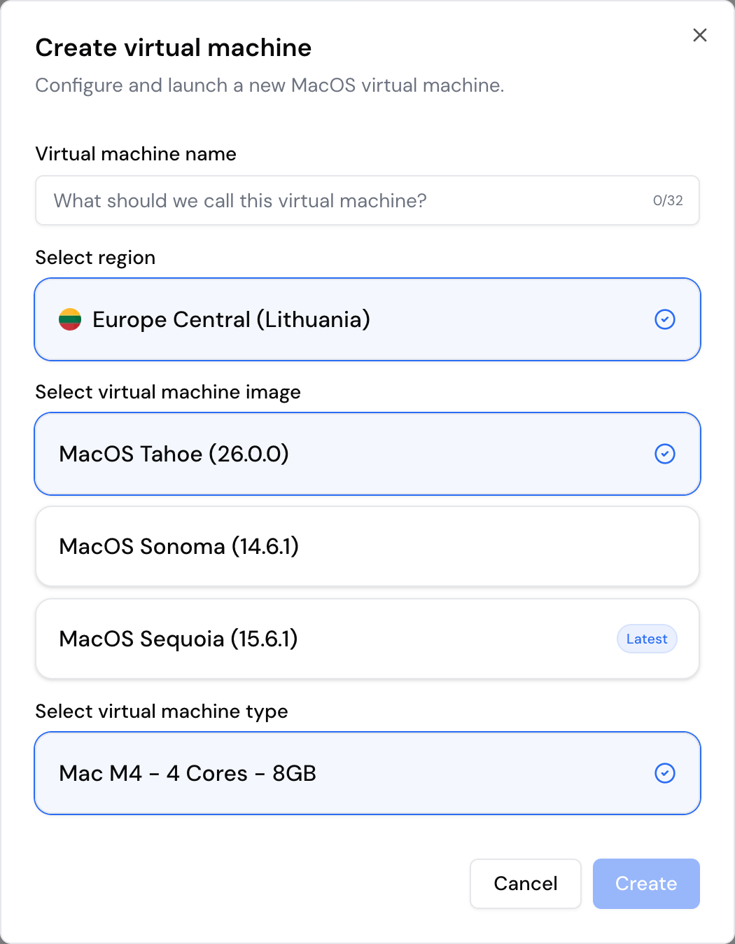 Create VM Dialog